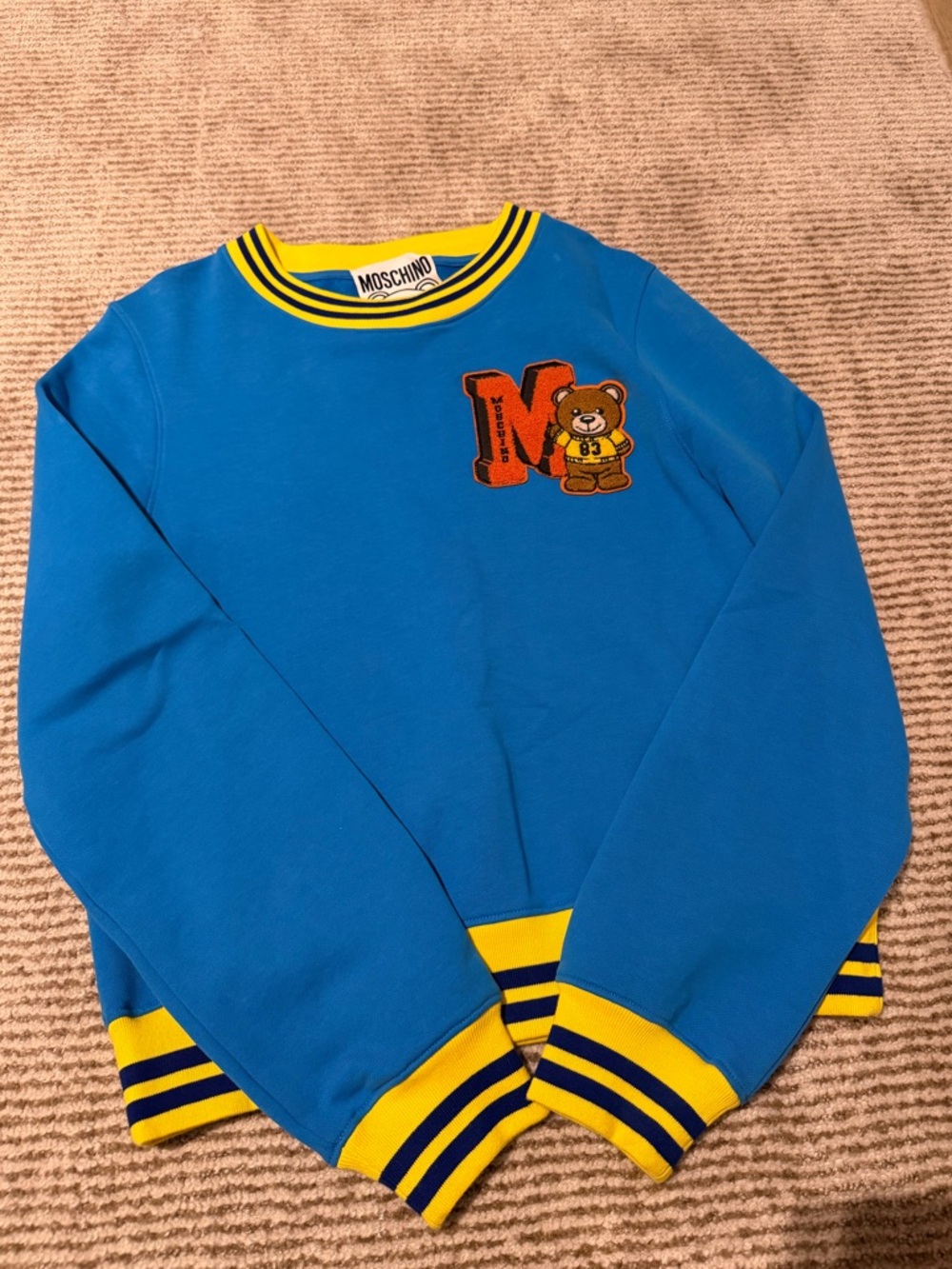 Moschino Women’s Blue Sweatshirt with Yellow Trim & Teddy Patch
